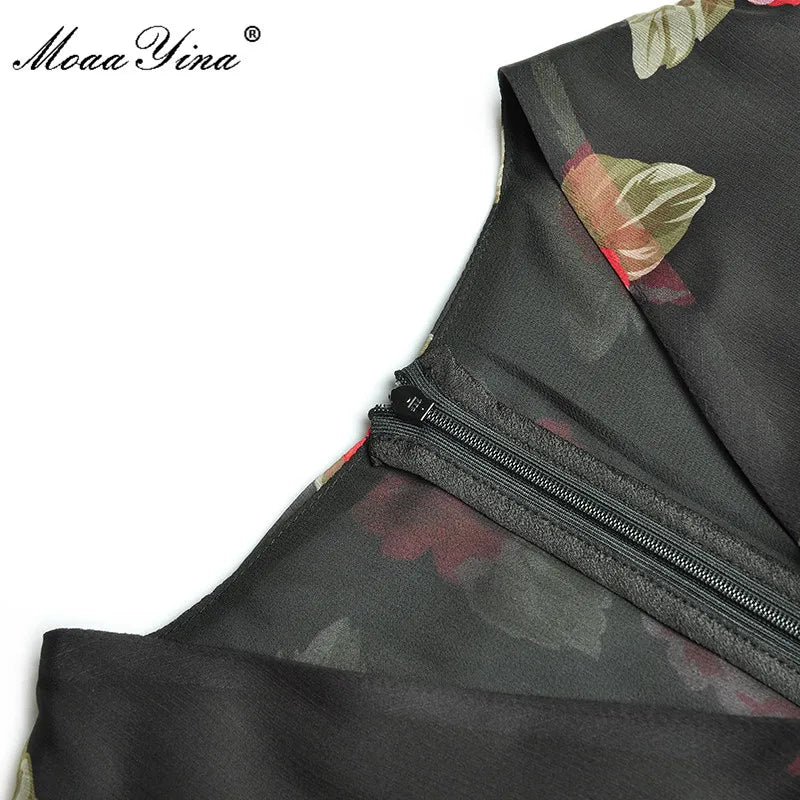 MoaaYina Fashion Designer dress Summer Women's Dress V Neck  Cascading Ruffle Ruched Rose Floral Print package hip Dresses