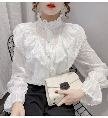 Spring Fashion  Long Sleeve Loose Button Women Shirt Elegant Stand Collar Pleated Tops Casual Ruffle Lace Blouse Blusas 15832