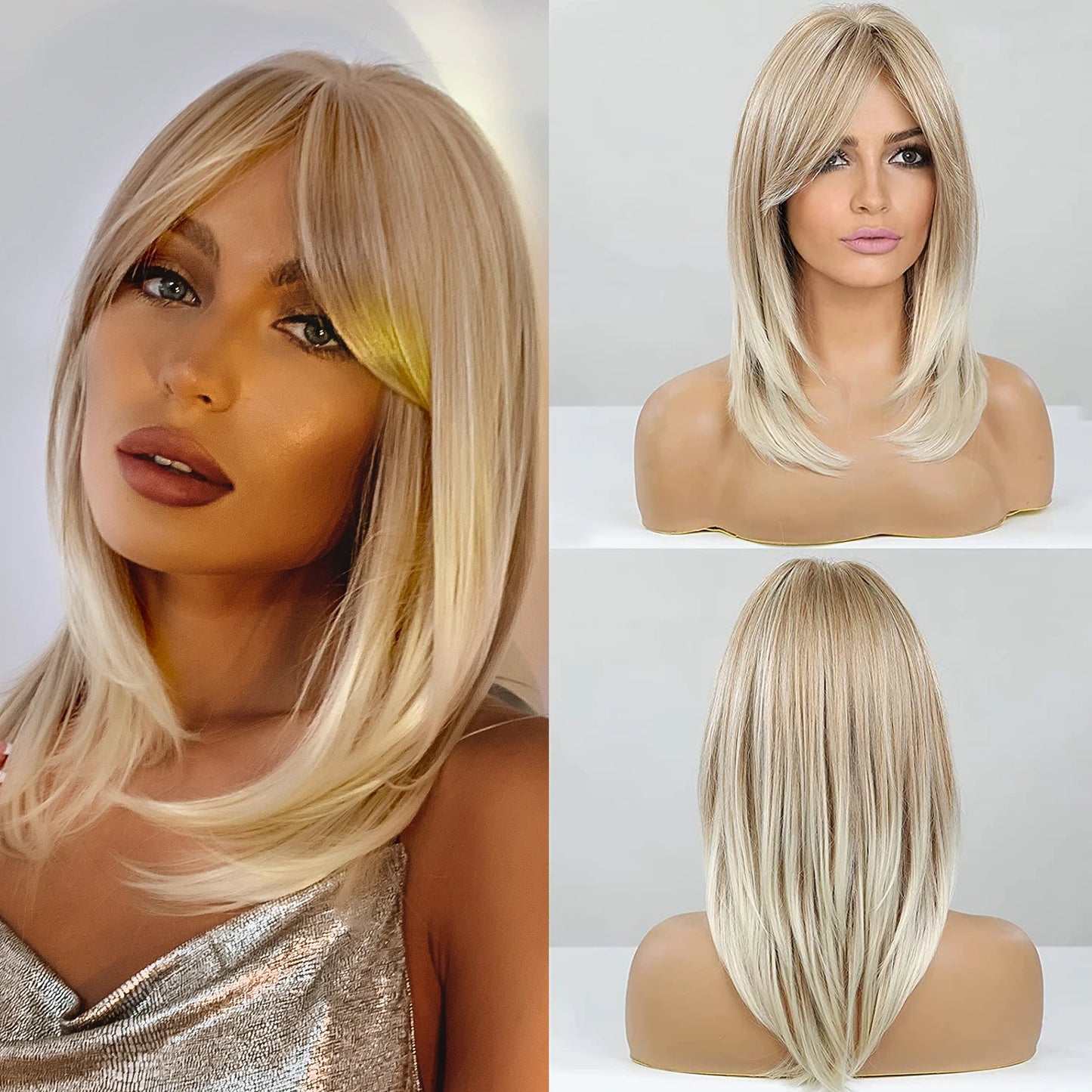 Element Medium Length Synthetic Straight Natural Brown Wigs with Side Bangs Heat Resistant Party Wigs for White/Black Women