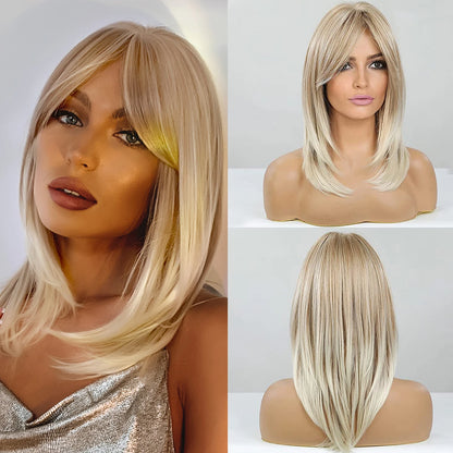 Element Medium Length Synthetic Straight Natural Brown Wigs with Side Bangs Heat Resistant Party Wigs for White/Black Women