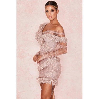 2022 New Summer Women Bandage Mini Pink Dress Sexy V Neck Long Sleeve Backless Elegant Lace Bodycon Club Party Dress Vestidos