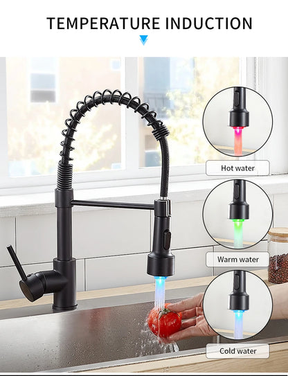 Kitchen Faucets Brush Brass Faucets for Kitchen Sink  Single Lever Pull Down Spring Spout Mixers Tap Hot Cold Water Crane 9009