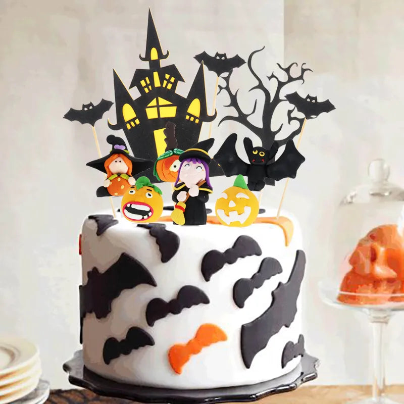 Happy Halloween Cake Toppers Halloween Cupcake Toppers Cartoon Pumpkin Witch Ghost Cake Decorative Flags for Kids Halloween Deco