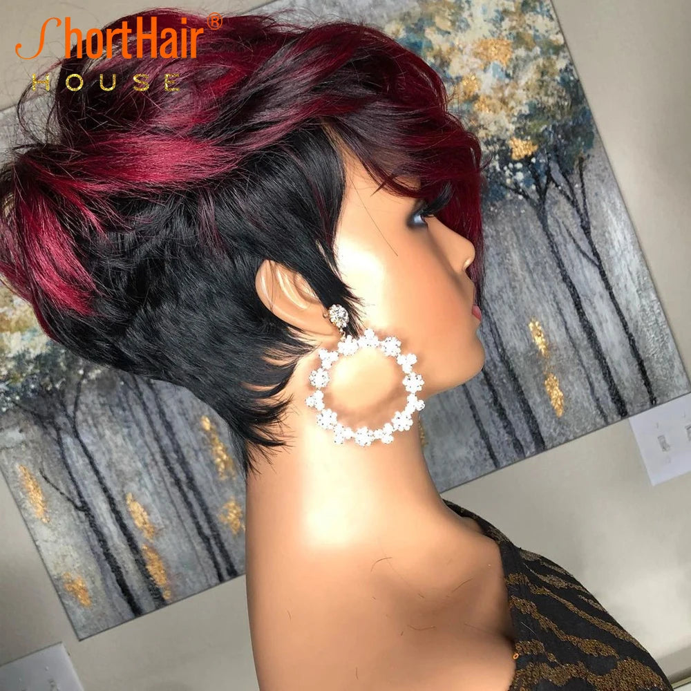 Dark Red Pixie Cut Wig Human Hair Short Bob Wig With Natural Bang Brazilian Wigs For Women Cosplay Full Machine Human Hair Wig