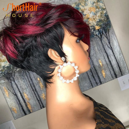 Dark Red Pixie Cut Wig Human Hair Short Bob Wig With Natural Bang Brazilian Wigs For Women Cosplay Full Machine Human Hair Wig