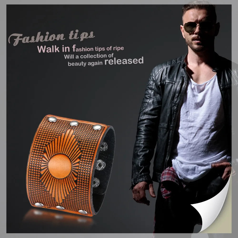 BONISKISS 2020 Fashion Stud Spikes Rivet Adjustable Leather Wristband Bangle Cuff Bracelet Wide Cuff Punk style Cool Men Jewelry