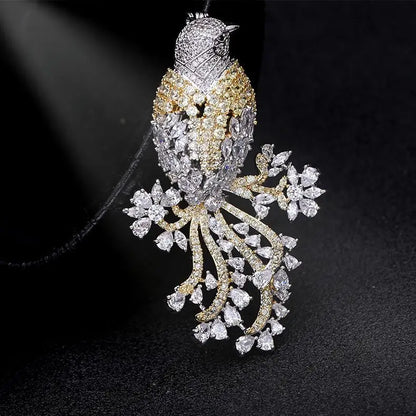 Trendy Floral Blooming Delicate Bird Zircon Exaggerated Brooch Luxury Temperament Flower Gold-plated Brooch Women New Year Gift