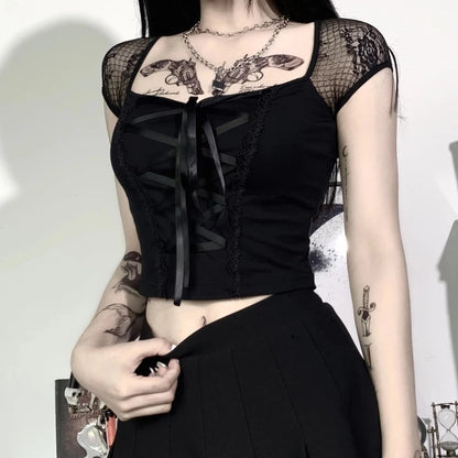 Women's Vintage Gothic T-shirt Bodycon Bandage Lace Black Mesh Top Sexy Casual Gothic Streetwear Female Top