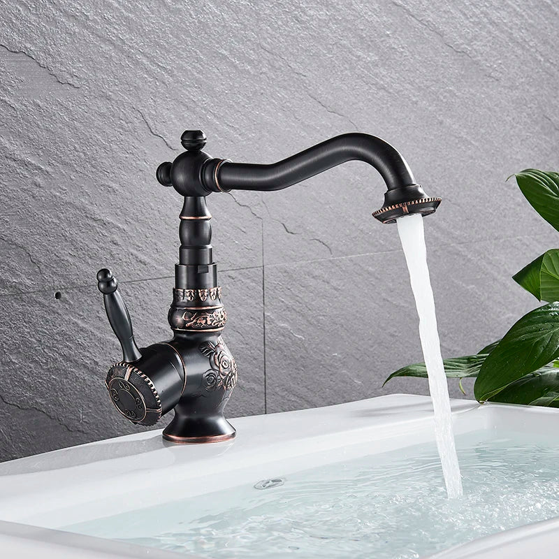 Home Decoration Bathroom Sink Mixer Faucet Crane Single Handle Water Tap Brass Antique Faucet Hot and Cold Water