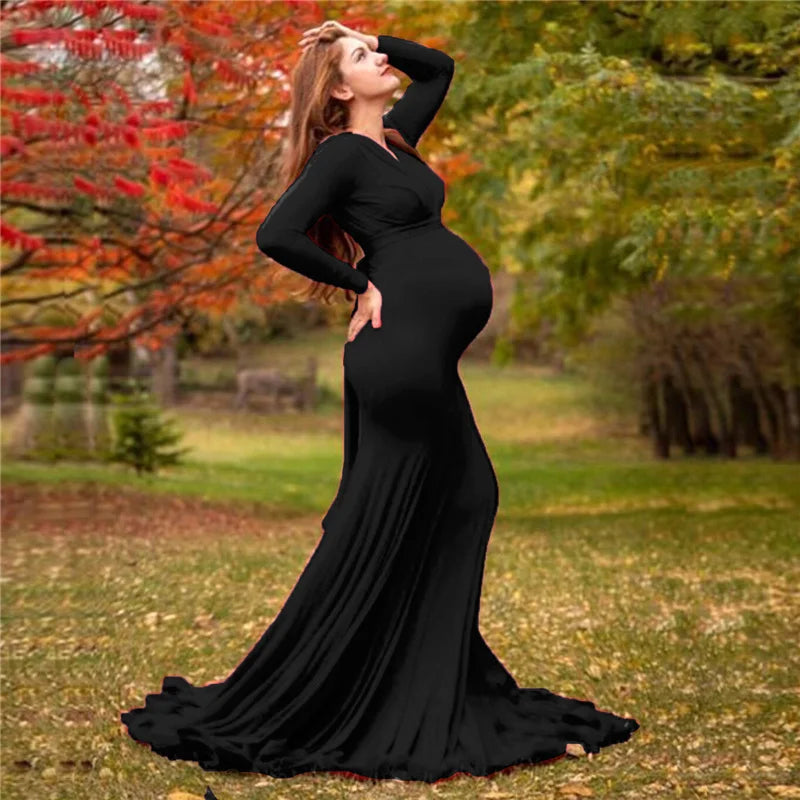 Spring Elegant Maternity Dresses For Photo Shoot Pregnant Women Dress Long Sleeve V-Neck Pregnancy Photography Shower Dress