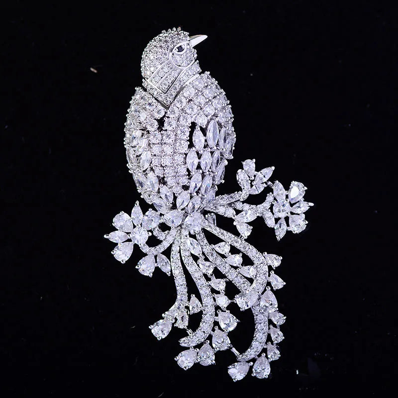 Trendy Floral Blooming Delicate Bird Zircon Exaggerated Brooch Luxury Temperament Flower Gold-plated Brooch Women New Year Gift