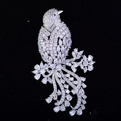 Trendy Floral Blooming Delicate Bird Zircon Exaggerated Brooch Luxury Temperament Flower Gold-plated Brooch Women New Year Gift