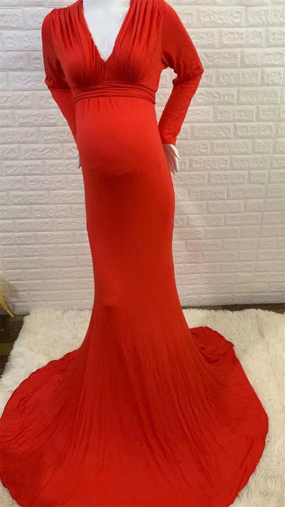 Spring Elegant Maternity Dresses For Photo Shoot Pregnant Women Dress Long Sleeve V-Neck Pregnancy Photography Shower Dress