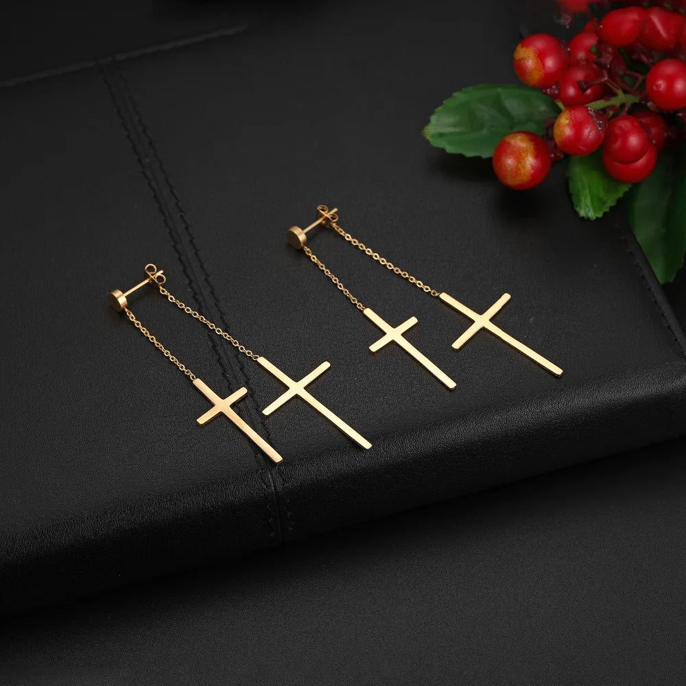 Boniskiss Fashion Tassel Double Cross long Drop Earrings Gold Silver Color Stainless Steel Woman Party Christmas Gift Jewelry