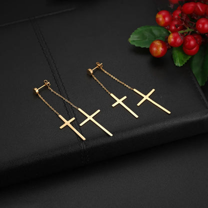 Boniskiss Fashion Tassel Double Cross long Drop Earrings Gold Silver Color Stainless Steel Woman Party Christmas Gift Jewelry