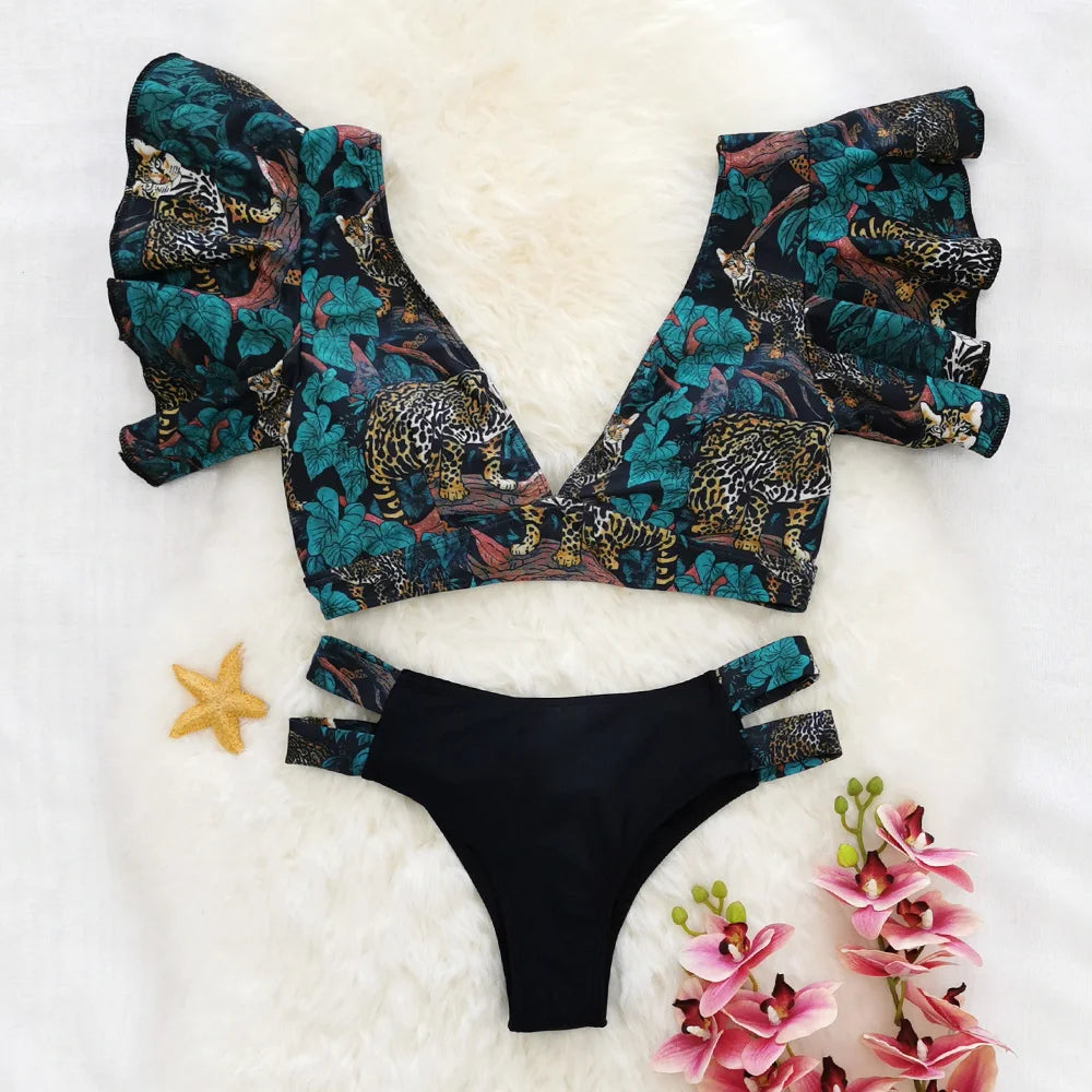 Tropical Style Women Bikini Set Ruffle Floral Printed High Waist Swimwear Summer Flower Swimsuit Biquini Bathing Suit Female