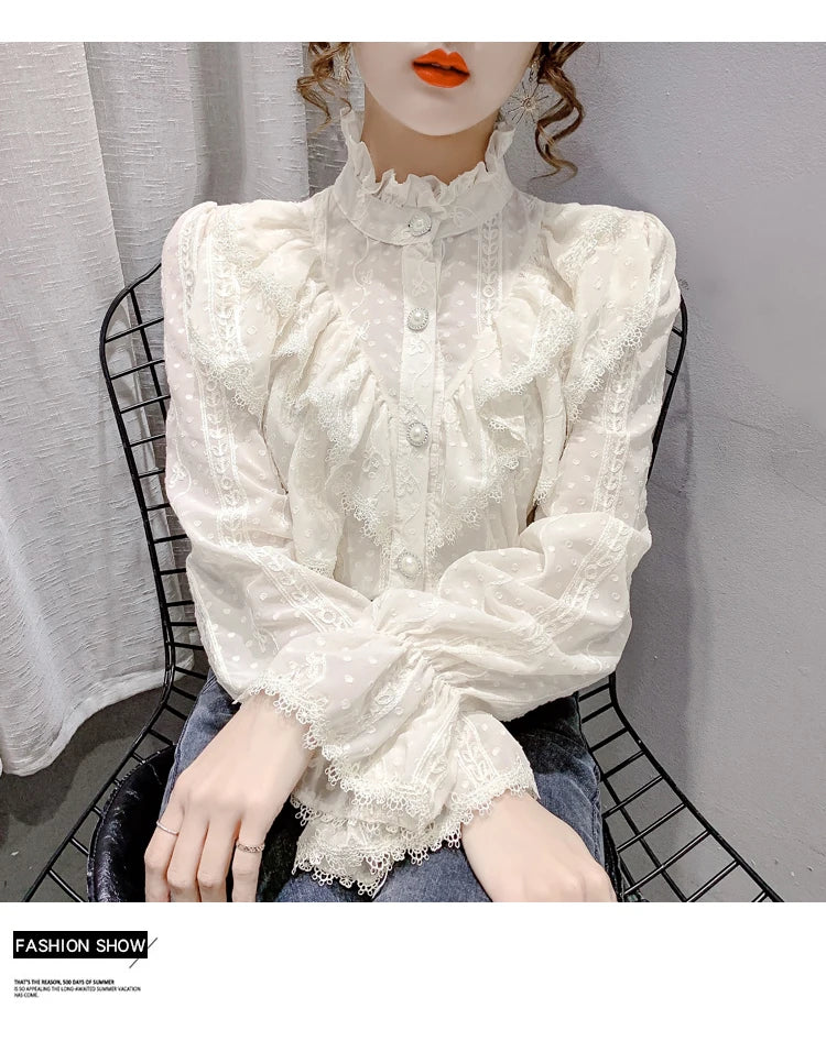 Spring Fashion  Long Sleeve Loose Button Women Shirt Elegant Stand Collar Pleated Tops Casual Ruffle Lace Blouse Blusas 15832