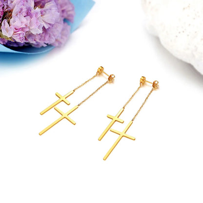 Boniskiss Fashion Tassel Double Cross long Drop Earrings Gold Silver Color Stainless Steel Woman Party Christmas Gift Jewelry