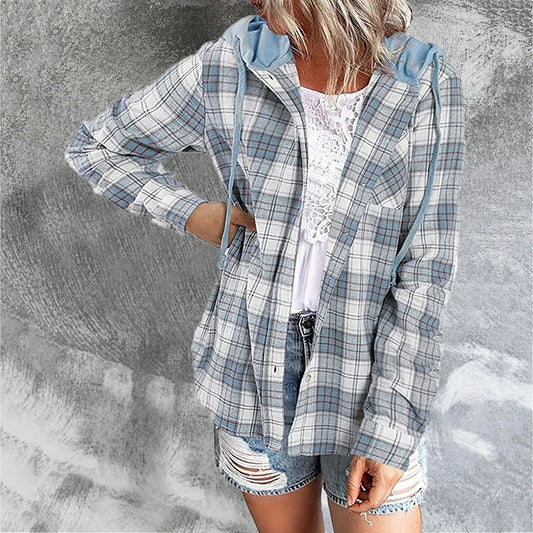 Spring Autumn Women Shirt Fashion Casual Plaid Hooded Shirts Long Sleeve Button Down Blusa Feminina Streetwear рубашка женская