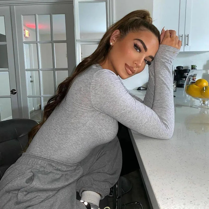 Solid Zipper Bodycon Bodysuits Women Sexy Mock Neck Autumn Long Sleeve Fashion Slim Basic Body Winter Gray Outfits Lady