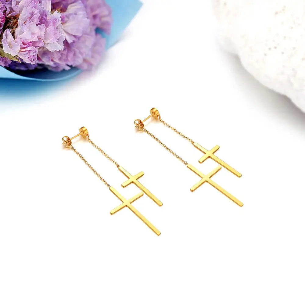 Boniskiss Fashion Tassel Double Cross long Drop Earrings Gold Silver Color Stainless Steel Woman Party Christmas Gift Jewelry