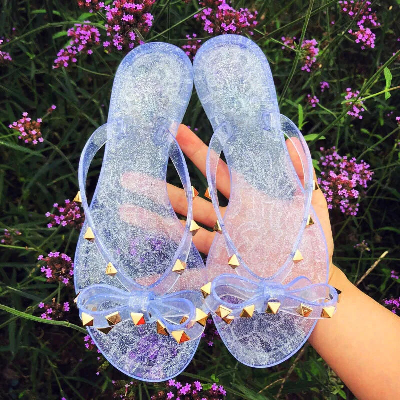 Slippers Hot Sale Fashion Women Flip Flops Summer Shoe Cool Beach Rivet Big Bow Flat Sandals Jelly Shoes Sandal Girls Size 36-42