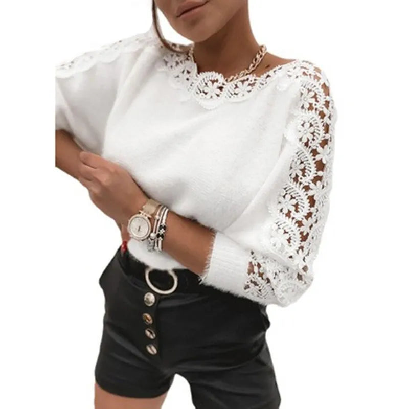 New White Sweater Women V Neck Lace Stitching Hollow Out Long Sleeves Fashion Loose Sweaters Elegant High Quality Tops