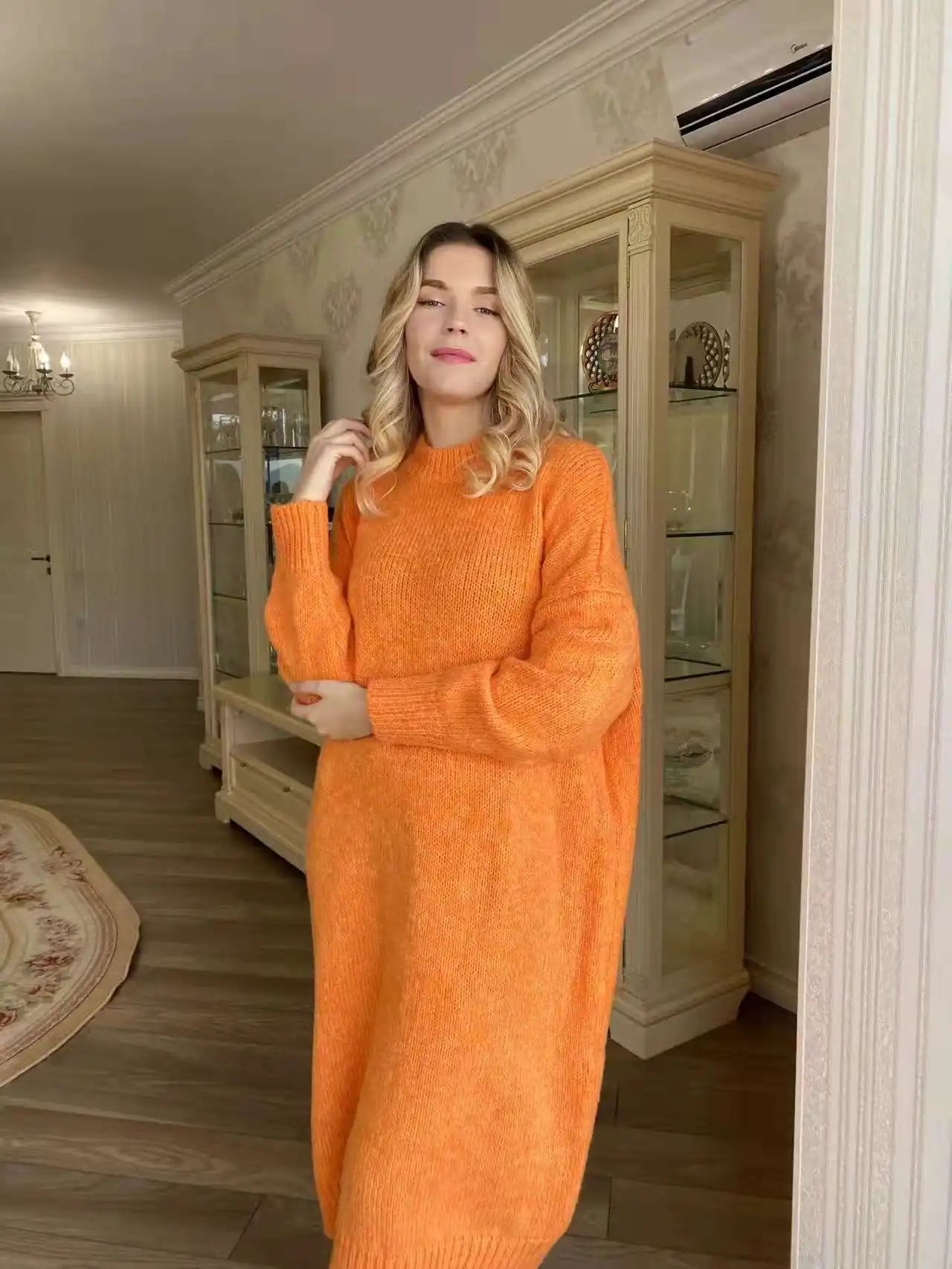 Winter Women Dress Fall Sweater Women Dress Long Sleeve Knitted Dresses Maxi Vintage Oversize Dresses Knitting Thick Warm Purple