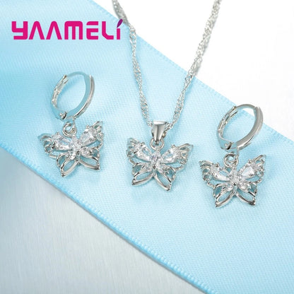 New Fashion 925 Sterling Silver Color Jewelry Sets Shining Austrian Crystal Inlaid Butterfly Wedding Pendant Necklace Earrings