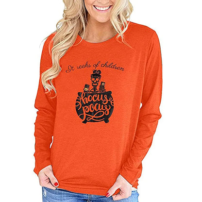 EtherealBe womens Halloween shirt long sleeve in orange with playful Hocus Pocus design