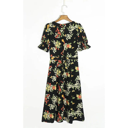Women Short Sleeve Summer Dress Vintage Floral Print Dress Sweetheart Neck Side Slit Sexy Belted Elegant Midi Dress Sundress