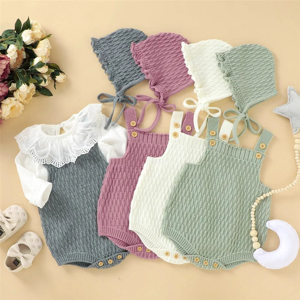Baby Spring Autumn Clothes Set Knitted Romper Triangle Crotch Button One-Piece Jumpsuit+Hats Toddler Baby Boys Girls 2Pcs