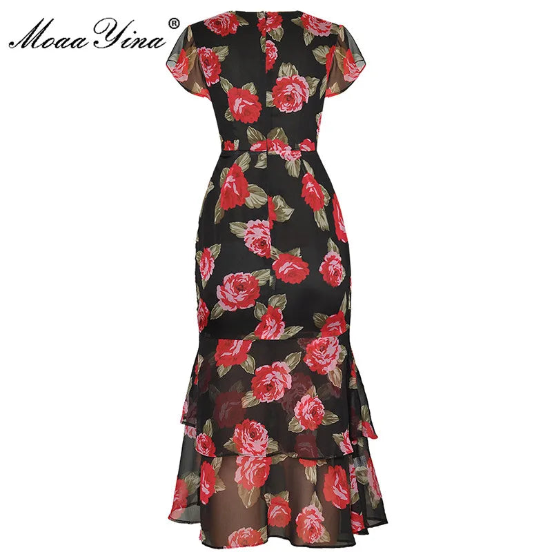 MoaaYina Fashion Designer dress Summer Women's Dress V Neck  Cascading Ruffle Ruched Rose Floral Print package hip Dresses