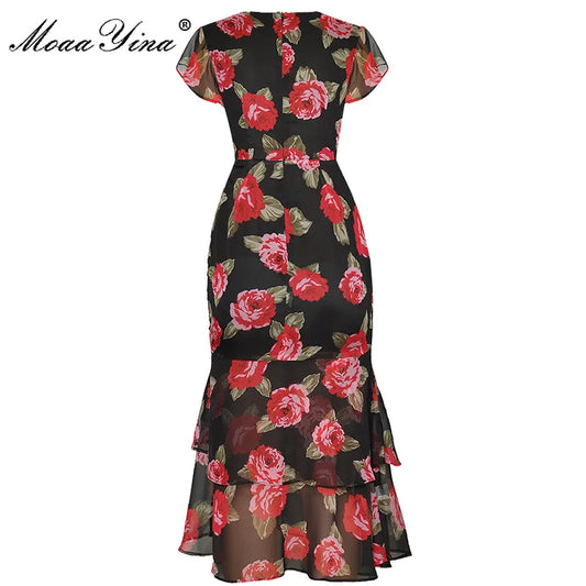 MoaaYina Fashion Designer dress Summer Women's Dress V Neck  Cascading Ruffle Ruched Rose Floral Print package hip Dresses