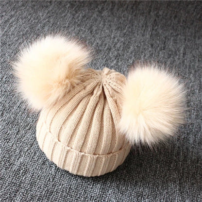 Winter Wool Knitted Hat Children Infant Newborn Kids Baby Caps Beanie with Two Double Pom Pom Beanie for Boys Girl 1-3 Years