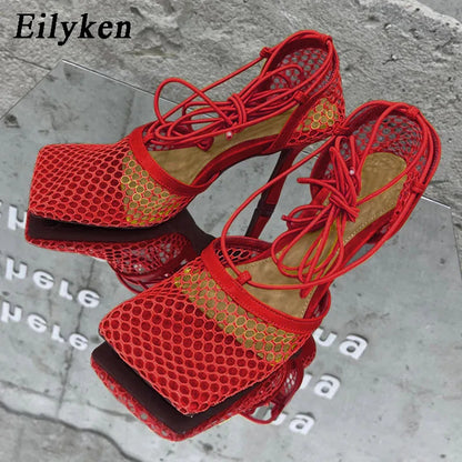 Eilyken 2023 New Sexy Mesh Pumps Sandals Female Square Toe High Heel Lace Up Cross-Tied Stiletto Hollow Shoes
