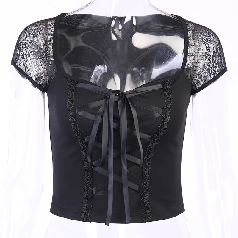 Women's Vintage Gothic T-shirt Bodycon Bandage Lace Black Mesh Top Sexy Casual Gothic Streetwear Female Top