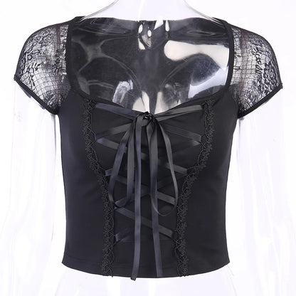Women's Vintage Gothic T-shirt Bodycon Bandage Lace Black Mesh Top Sexy Casual Gothic Streetwear Female Top