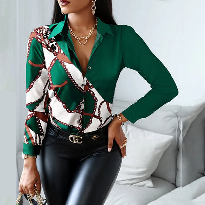 2024 Women Fashion Shirt Lady Long Sleeve Blouse Turn-down CollarButton Design Print  Casual Shirts