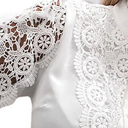 Women Sexy Lace Patchwork Hollow Out Shirt Long Sleeve Crew Neck Button Mesh Design Blouse Spring Fashion White Vintage Shirts