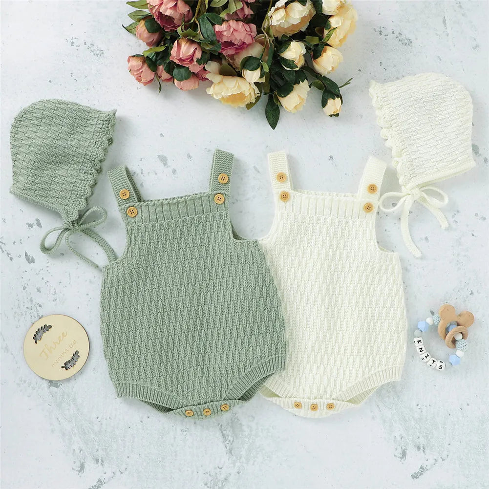Baby Spring Autumn Clothes Set Knitted Romper Triangle Crotch Button One-Piece Jumpsuit+Hats Toddler Baby Boys Girls 2Pcs