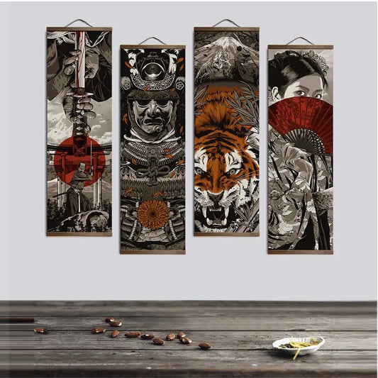 Japanese Samurai Ukiyoe Tiger Canvas Poster Pictures for Living Room Home Decor Painting Wall Art with Solid Wood Hanging Scroll