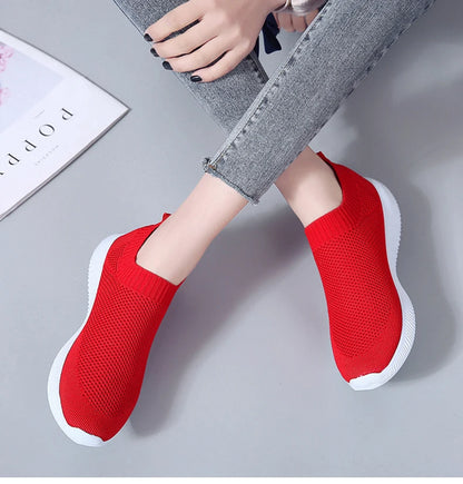 Women Shoes Plus Size Sneakers Women Breathable Mesh Sports Shoes Female Slip On Platform Sneakers White Knit Sock Shoes Casual