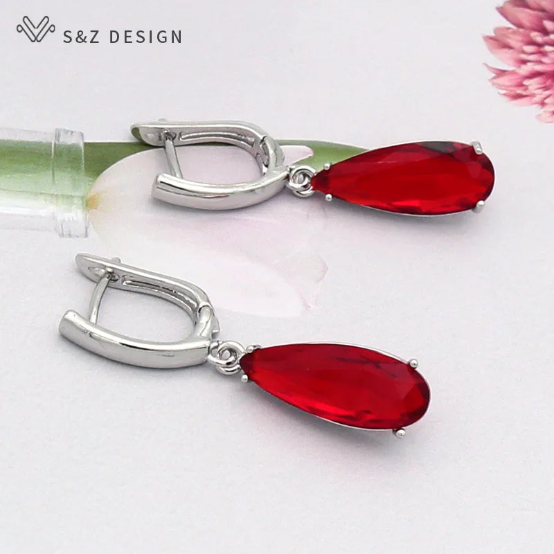 S&Z 10 Color Long Water Drop Cubic Zirconia Earring For Women Korean Fine Wedding Simple Fashion Party Jewelry