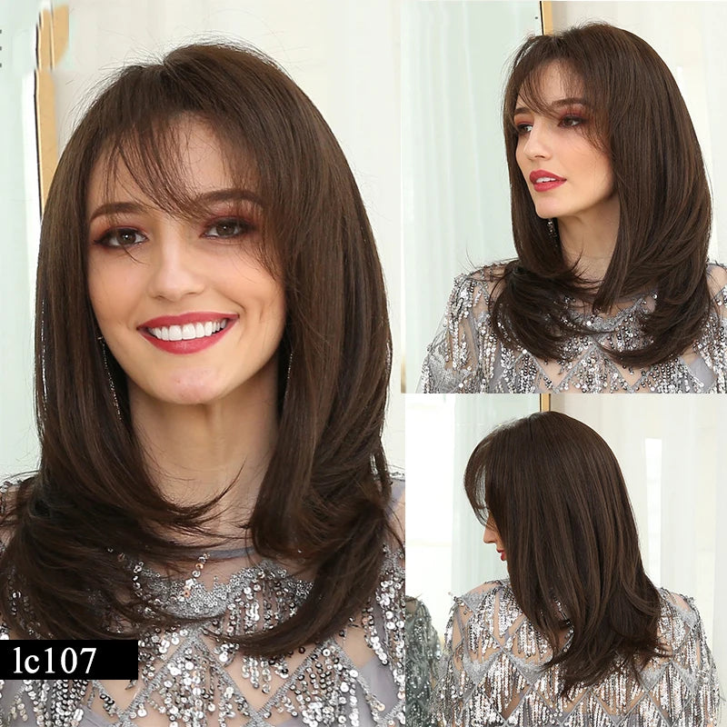 Element Medium Length Synthetic Straight Natural Brown Wigs with Side Bangs Heat Resistant Party Wigs for White/Black Women