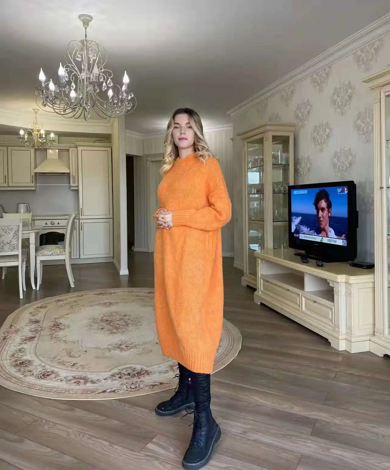 Winter Women Dress Fall Sweater Women Dress Long Sleeve Knitted Dresses Maxi Vintage Oversize Dresses Knitting Thick Warm Purple