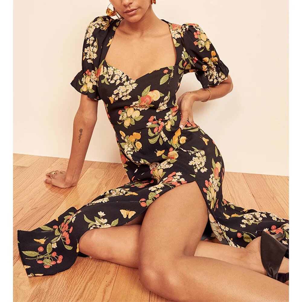 Women Short Sleeve Summer Dress Vintage Floral Print Dress Sweetheart Neck Side Slit Sexy Belted Elegant Midi Dress Sundress