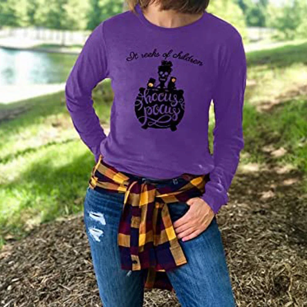 Womens Halloween shirt long sleeve in purple featuring Hocus Pocus design for festive occasions