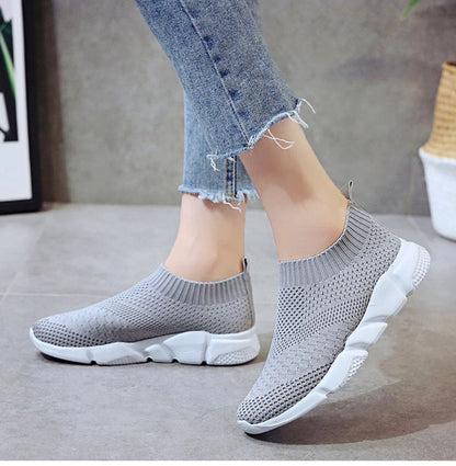 Women Shoes Plus Size Sneakers Women Breathable Mesh Sports Shoes Female Slip On Platform Sneakers White Knit Sock Shoes Casual