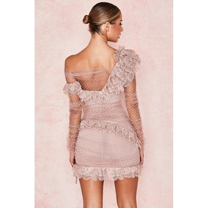 2022 New Summer Women Bandage Mini Pink Dress Sexy V Neck Long Sleeve Backless Elegant Lace Bodycon Club Party Dress Vestidos